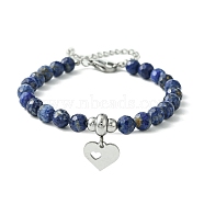 Natural Lapis Lazuli Beaded Bracelets, Heart 304 Stainless Steel Charms Bracelets for Women, 7 inch(17.9cm)(BJEW-JB09886-01)