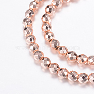 Electroplate Non-magnetic Synthetic Hematite Bead Strands, Round, Faceted, Rose Gold Plated, 3mm, Hole: 1mm, about 150pcs/strand, 15.7 inch(G-Q465-22RG)