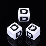 Letter Acrylic Beads, Cube, White, Letter D, Size: about 7mm wide, 7mm long, 7mm high, hole: 3.5mm, about 2000pcs/500g(PL37C9129-D)