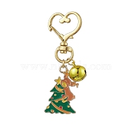 Christmas Tree & Deer Alloy Enamel Pendant Keychain, with Brass Bell, Golden, 6.5cm(KEYC-JKC00883)