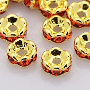Brass Rhinestone Spacer Beads, Grade A, Wavy Edge, Golden Metal Color, Rondelle, Hyacinth, 8x3.8mm, Hole: 1mm(RB-A014-L8mm-20G)