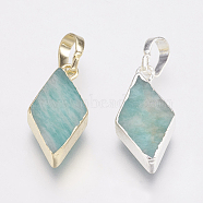 Natural Amazonite Pendants, with Brass Findings, Rhombus, Mixed Color, 18x9x4~4.5mm, Hole: 4x6mm(KK-G343-17)