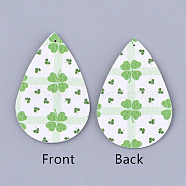 PU Leather Big Pendants, teardrop, with Clover Pattern, Irish Charms, Lime Green, 56x37x1.5mm, Hole: 1.2mm(FIND-S311-008B)