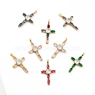Rack Plating Brass Micro Pave Cubic Zirconia Pendants, Long-Lasting Plated, Lead Free & Cadmium Free, Cross, Real 18K Gold Plated, Religion, Mixed Color, 28.5x17x5mm, Hole: 2.5x4mm(ZIRC-F129-32-G)
