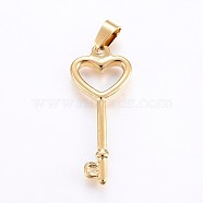304 Stainless Steel Pendants, Hollow Key with Heart, Golden, 36x15x3mm, Hole: 7x4mm(STAS-H458-16G)