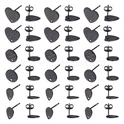 36Pcs 6 Style 304 Stainless Steel Stud Earring Findings, with Hole & Ear Nuts, Textured Flat Round & Teardrop & Heart, Electrophoresis Black, 10~12x6~13x0.7~1mm, Hole: 1~1.5mm, Pin: 0.7~0.8mm, 6Pcs/style(STAS-UN0045-19)