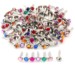 Iron Fasteners Brads, with Rhinestone, for Scrapbooking, Photo Album, Embellishment Wedding Supplies, Children Puppy Dolls Decoration, Paper Cards DIY, Platinum, Half Round, Mixed Color, 0.65x0.65cm, 50pcs/bag(SCRA-PW0004-126B-01)