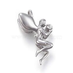 304 Stainless Steel Pendants, with Rhinestone, Angel/Fairy, Stainless Steel Color, 32x18x10mm, Hole: 4x4.5mm(STAS-G126-23P)