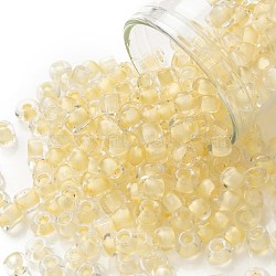 12/0 Glass Seed Beads, Transparent Inside Colours, Round Hole, Round, Champagne Yellow, 12/0, 2~2.5x1.5~2mm, Hole: 0.8mm, about 30000pcs/bag(SEED-A014-2mm-131)