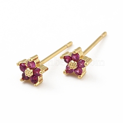 Cubic Zirconia Flower Stud Earrings, Real 18K Gold Plated Brass Jewelry for Women, Cadmium Free & Lead Free, Medium Violet Red, 15x5x5mm, Pin: 0.7mm(X-EJEW-C035-15G-04)