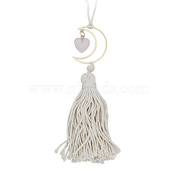 Natural Rose Quartz Heart Pendant Decoration, Tassel Car Hanging Ornament, with Alloy Moon, 180mm(HJEW-WH0043-20B)