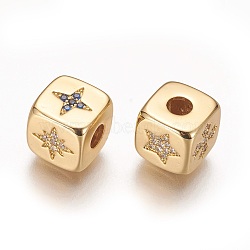 Brass Micro Pave Cubic Zirconia Beads, Long-Lasting Plated, Cube with Mixed Star, Real 18K Gold Plated, 9x9x9mm, Hole: 3.5mm(KK-K238-37G)