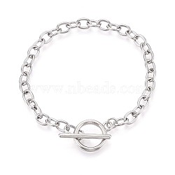 201 Stainless Steel Cable Chain Bracelets for Men Women, with Alloy Toggle Clasps, Stainless Steel Color, 7-1/2 inch(19cm)(BJEW-N036-01P)