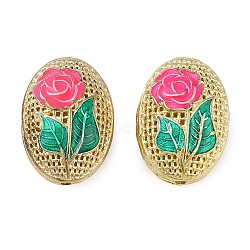 Rack Plating Brass Enamel Beads, Cadmium Free & Lead Free, Oval with Flower, Real 18K Gold Plated, Long-Lasting Plated, Hot Pink, 19.5~20x14~14.5x10.5m~11.5m, Hole: 1.6mm(KK-P276-26C-07G)