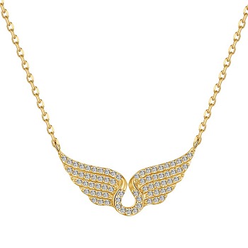 925 Sterling Silver Pendant Necklaces, Micro Pave Clear Cubic Zirconia, Wings, Real 18K Gold Plated, 16.02 inch(40.7cm)