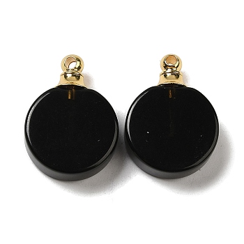 Natural Obsidian Perfume Bottle Pendants, Flat Round Charms with Golden Plated 304 Stainless Steel Findings, 27.5x20x7~7.5mm, Hole: 2mm