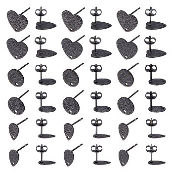 36Pcs 6 Style 304 Stainless Steel Stud Earring Findings, with Hole & Ear Nuts, Textured Flat Round & Teardrop & Heart, Electrophoresis Black, 10~12x6~13x0.7~1mm, Hole: 1~1.5mm, Pin: 0.7~0.8mm, 6Pcs/style