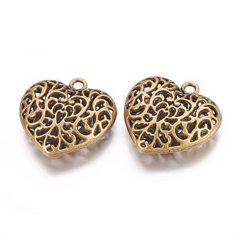 Alloy Pendants, Cadmium Free & Nickel Free & Lead Free, Heart, Antique Bronze, Size: about 35mm long, 34.5mm wide, 11mm thick, hole: 3.5mm