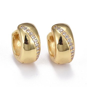 Brass Micro Pave Clear Cubic Zirconia Huggie Hoop Earrings, Long-Lasting Plated, Ring, Real 18K Gold Plated, 12x5.5mm, Pin: 0.9mm