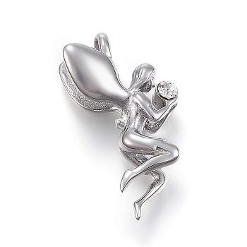 304 Stainless Steel Pendants, with Rhinestone, Angel/Fairy, Stainless Steel Color, 32x18x10mm, Hole: 4x4.5mm