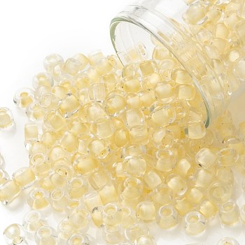 12/0 Glass Seed Beads, Transparent Inside Colours, Round Hole, Round, Champagne Yellow, 12/0, 2~2.5x1.5~2mm, Hole: 0.8mm, about 30000pcs/bag