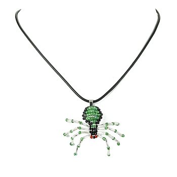 Braided Glass Seed Bead Spider Pendant Necklaces, Waxed Cotton Cord Necklaces for Women, Green, 19.69 inch(50cm)