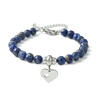 Natural Lapis Lazuli Beaded Bracelets, Heart 304 Stainless Steel Charms Bracelets for Women, 7 inch(17.9cm)