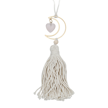 Natural Rose Quartz Heart Pendant Decoration, Tassel Car Hanging Ornament, with Alloy Moon, 180mm