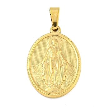 Ion Plating(IP) 304 Stainless Steel Pendants, Religious Theme Charm, Oval with Virgin Mary, Golden, 24x16x2~2.5mm, Hole: 5x3mm