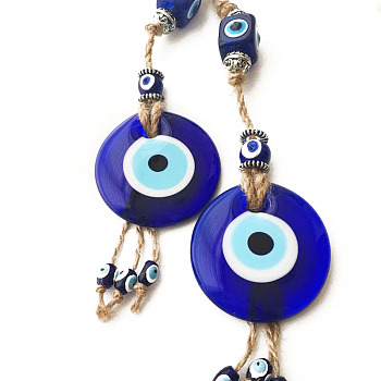 Flat Round with Evil Eye Glass Tassel Pendant Decorations, Braided Hemp Rope Hanging Ornaments, Royal Blue, 300mm