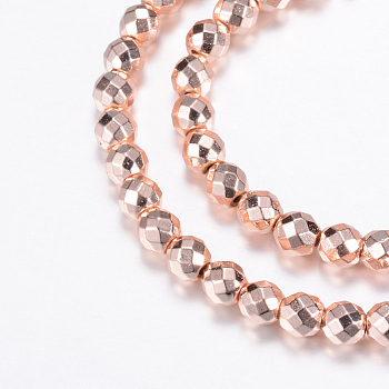 Electroplate Non-magnetic Synthetic Hematite Bead Strands, Round, Faceted, Rose Gold Plated, 3mm, Hole: 1mm, about 150pcs/strand, 15.7 inch