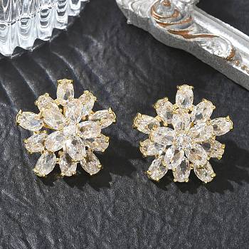 Double Layer Flower Brass & Clear Marquise Cut Cubic Zirconia Stud Earrings, Floral Earrings for Women, Real 18K Gold Plated, 23x23.5mm