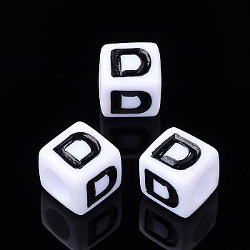 Letter Acrylic Beads, Cube, White, Letter D, Size: about 7mm wide, 7mm long, 7mm high, hole: 3.5mm, about 2000pcs/500g