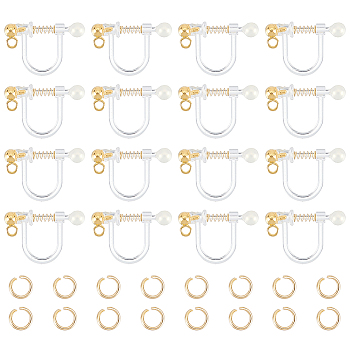 16Pcs 304 Stainless Steel Clip-on Earring Findings, with Loops & Plastic Findings, U-Shaped, with 30Pcs Jump Rings, Real 18K Gold Plated, 11x17.5x3mm