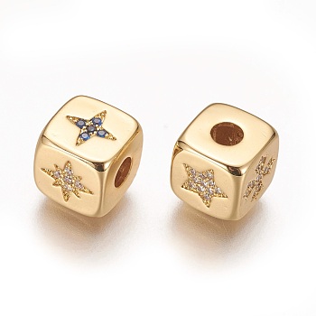 Brass Micro Pave Cubic Zirconia Beads, Long-Lasting Plated, Cube with Mixed Star, Real 18K Gold Plated, 9x9x9mm, Hole: 3.5mm