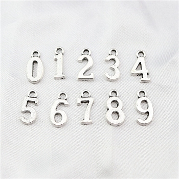 Alloy Pendants, Number 0~9, Cadmium Free & Lead Free, Antique Silver, 15mm, 10pcs/set