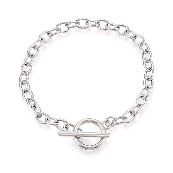 201 Stainless Steel Cable Chain Bracelets for Men Women, with Alloy Toggle Clasps, Stainless Steel Color, 7-1/2 inch(19cm)