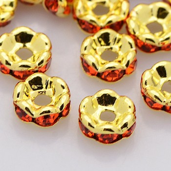 Brass Rhinestone Spacer Beads, Grade A, Wavy Edge, Golden Metal Color, Rondelle, Hyacinth, 8x3.8mm, Hole: 1mm