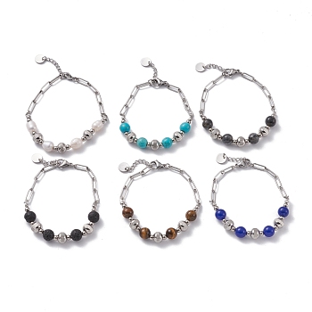 Round Mixed Stone Beaded Bracelet for Girl Women, Stainless Steel Color, 7-1/2~7-5/8 inch(19~19.5cm)