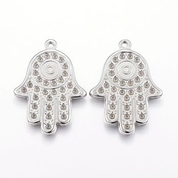 304 Stainless Steel Pendant Rhinestone Settings, Hamsa Hand/Hand of Fatima/Hand of Miriam, Stainless Steel Color, Fit for 1.5mm rhinestone, 35x25x2.5mm, Hole: 2mm