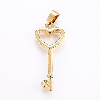 304 Stainless Steel Pendants, Hollow Key with Heart, Golden, 36x15x3mm, Hole: 7x4mm