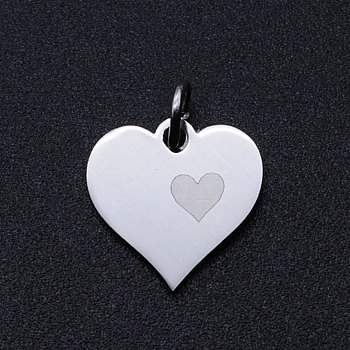Valentine's Day 201 Stainless Steel Charms, with Jump Rings, Heart, Stainless Steel Color, 13x13x1mm, Hole: 3mm
