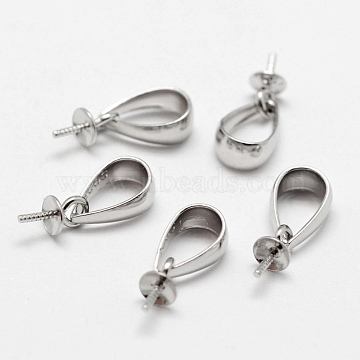 925 Sterling Silver Cup Pearl Bail Pin Pendants, for Half Drilled Beads, Platinum, 6x3mm, Hole: 3.5x5mm, Pin: 0.7mm(STER-P008-01)