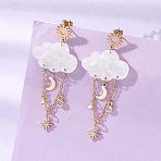 Acrylic Cloud with Moon Dangle Stud Earrings, with Brass & 304/201 Stainless Steel Earring Findings, Golden, 65x28mm(EJEW-JE06843)