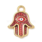 304 Stainless Steel Pendants, with Enamel, Hamsa Hand Charms, PVD Vacuum Plating, Real 18K Gold Plated, Red, 23x18x2.5mm, Hole: 3mm(STAS-C174-09G-01)
