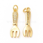 Rack Plating Brass Micro Pave Cubic Zirconia Tableware Pendants, Cadmium Free & Lead Free, Fork Charm, with Jump Ring, Real 18K Gold Plated, 24.7x7.5x3mm, Hole: 3.4mm(KK-I699-09G)