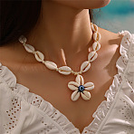 Summer Beach Natural Cowrie Shell Flower with Blue Resin Evil Eye Pendant Adjustable Necklaces for Women, White, 11.02~21.26 inch(28~54cm)(FS-WG177B0-02)