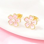 Flower Brass Enamel Stud Earrings, with ABS Imitation Pearl, Long-Lasting Plated, Lead Free & Cadmium Free, Real 18K Gold Plated, Pink, 12.5x12mm(EJEW-T051-08A)