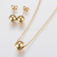 304 Stainless Steel Jewelry Sets, Pendant Necklaces and Stud Earrings, Round, Golden, 17.71 inch(45cm), 19x8mm, Pin: 0.8mm(X-SJEW-H122-03G)