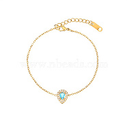 Cubic Zirconia Teardrop Link Bracelet with Golden Stainless Steel Cable Chains, Deep Sky Blue, 6-1/4 inch(16cm)(DH6731-4)